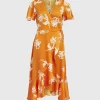 Object OBJISSY PAPAYA S/S MIDI WRAP DRESS 127 (Bright Marigold, AOP:Flower) -dress shop OBJISSYPAPAYASSMIDIWRAPDRESS127 BrightMarigold AOPFlower